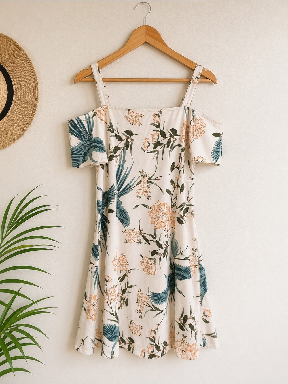 Kismet Floral Off Shoulder Sundress M Cream Teal Peach Mini Dress